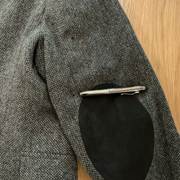 Pendleton Mens Blazer 44 Gray Tweed Wool – Black Suede Elbow Patches & Shoulder - Picture 12 of 14